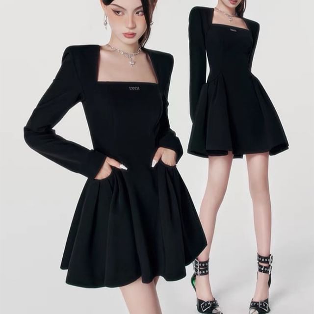 Woohan-Long-Sleeve Square Neck Plain Mini A-Line Dress