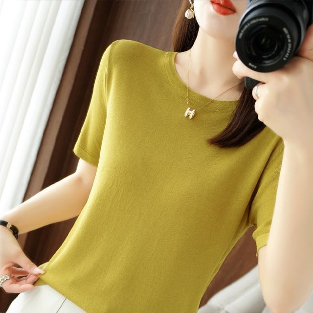 Weelop-Short-Sleeve Crew Neck Plain Knit Top