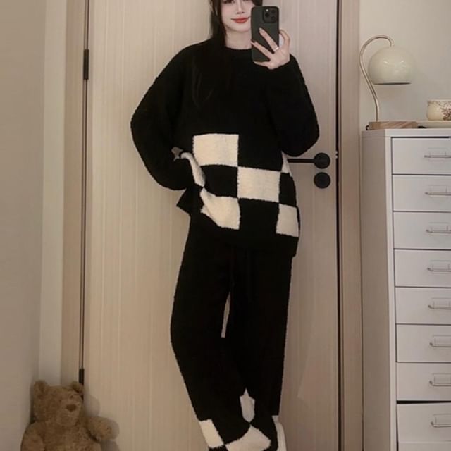 GOUB-Pajama Set Round Neck Checkerboard Sweater Pants