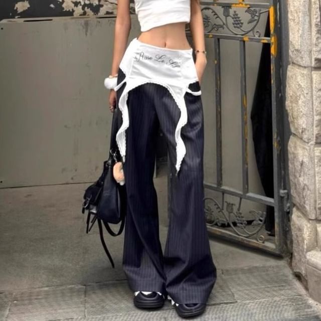 Rosesand-Mid Rise Lace Panel Striped Baggy Slacks