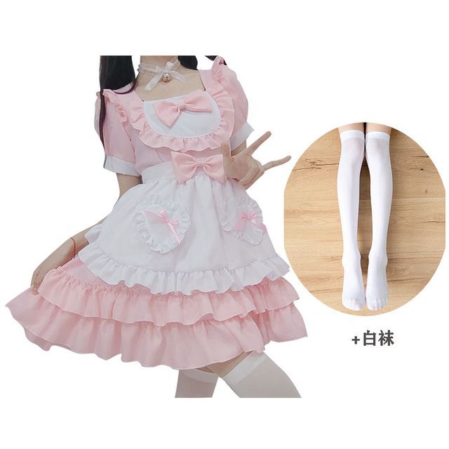 Galintew - Short-Sleeve Maid Cosplay Costume Dress / Stockings