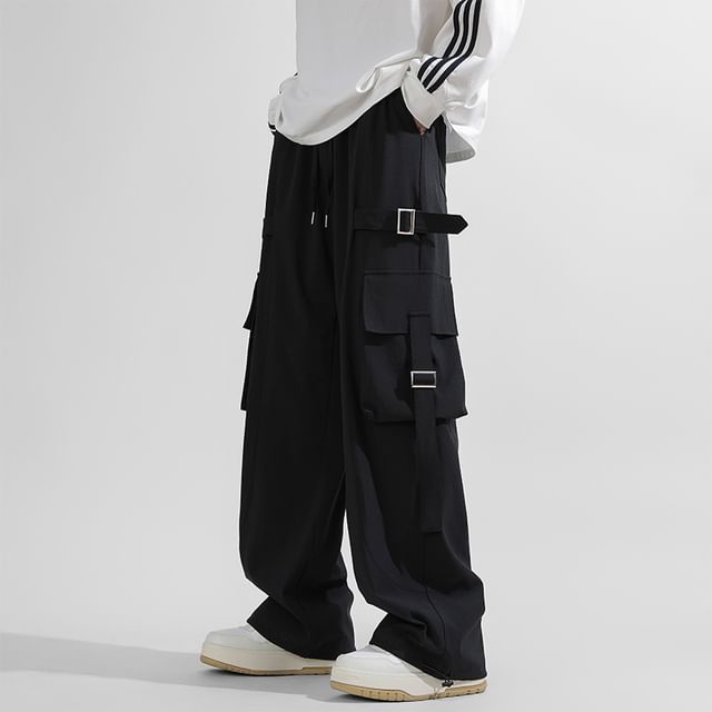 Stone Leo-Drawstring Waist Plain Buckled Wide Leg Cargo Pants