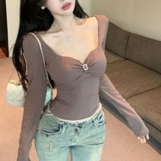 Magma-Long Sleeve Deep V-Neck Plain Crop Tee