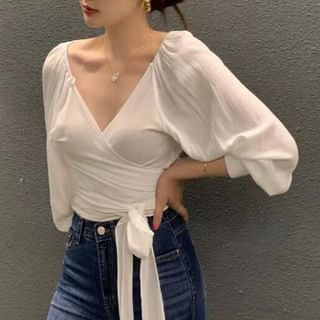 Coris-Long-Sleeve V-Neck Plain Wrap Top
