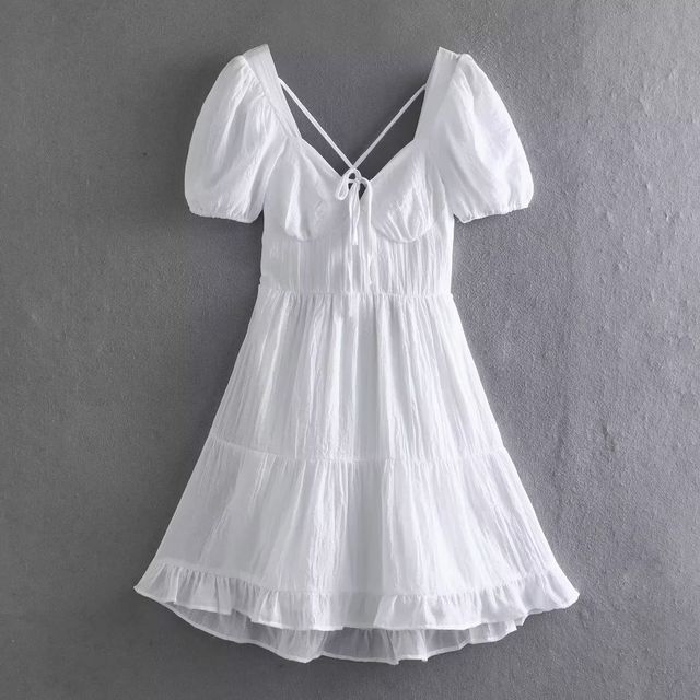 Cumulys - Short-Sleeve Plain Open Back Tiered Mini A-Line Dress | YesStyle Cumulys - Short-Sleeve Plain Open Back Tiered Mini A-Line Dress | YesStyle