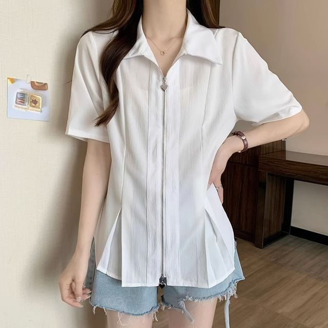 INEN-Short Sleeve Collared Plain Pleated Zip Shirt
