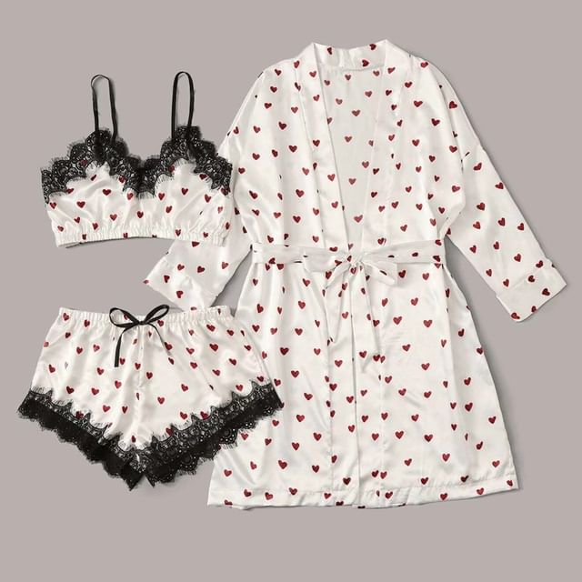Gecko Pajama Set: Heart Print Lace Trim Crop Camisole Top