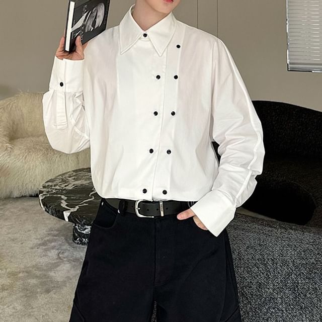 Omozando-Long Sleeve Lapel Collar Plain Asymmetrical Button Up Shirt