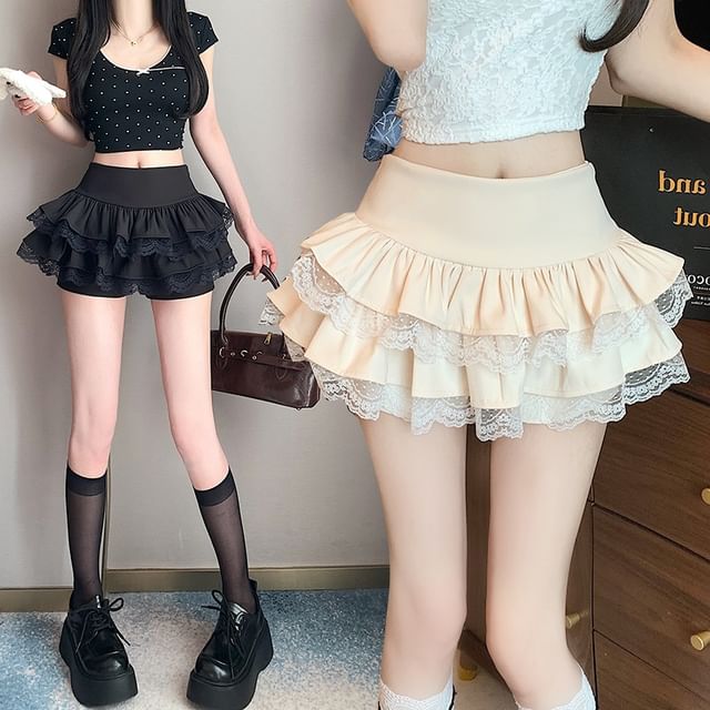 Doowex-High Waist Lace Trim Mini Tiered Skort