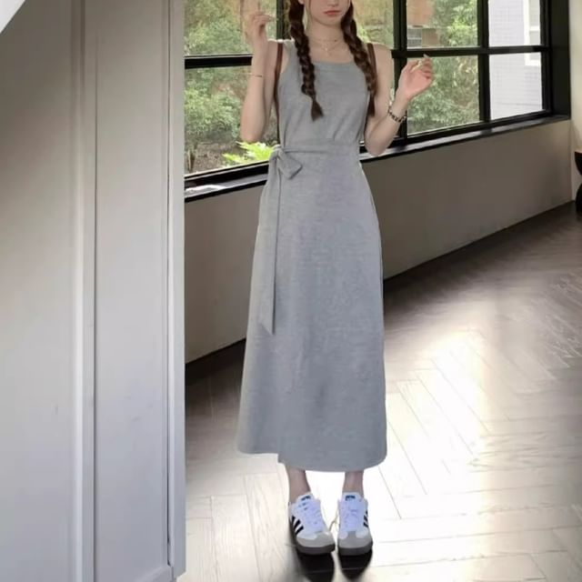 monroll-Spaghetti Strap Plain Wrap Maxi Sundress