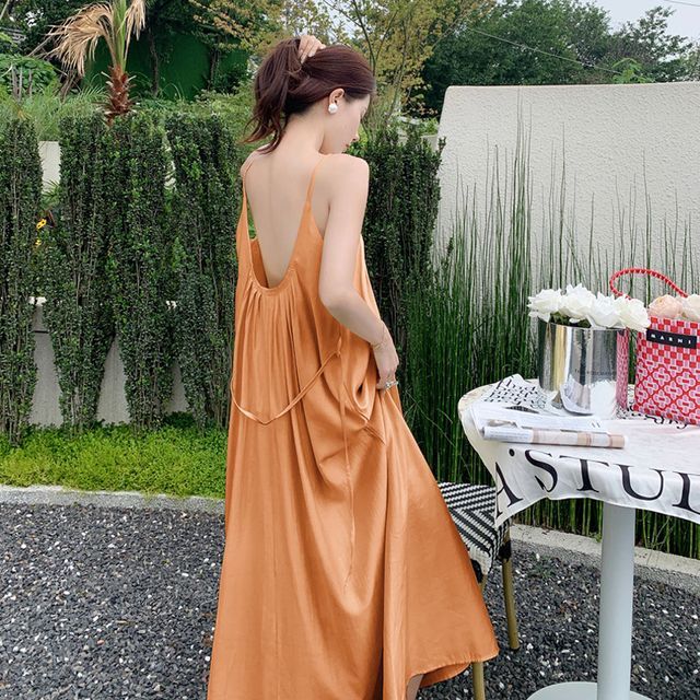 Saccharine - Spaghetti Strap Plain Open Back Midi Smock Dress | YesStyle