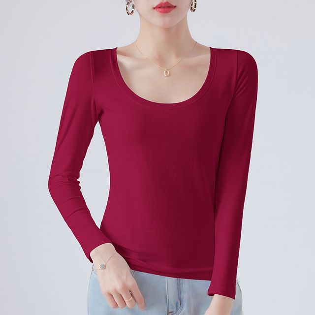 Mikiko-Long-Sleeve Scoop Neck Plain Tee