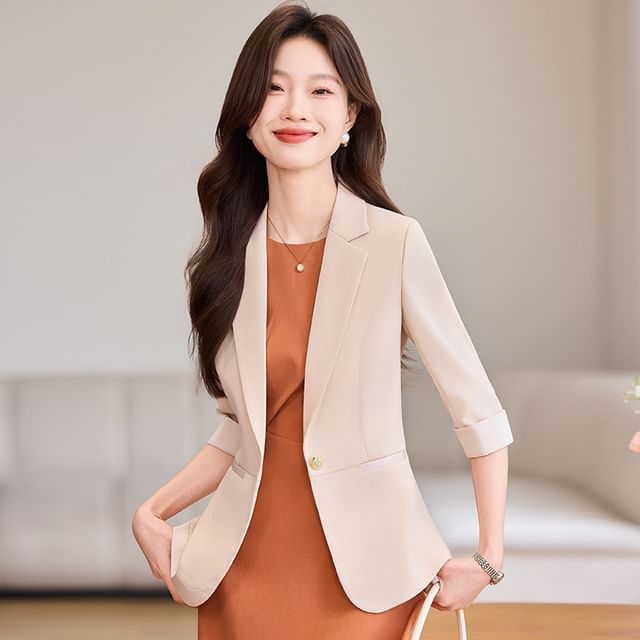 Princess Min-Set Elbow Sleeve Notch Lapel Plain Single Breasted Blazer Sleeveless Round Neck Plain Ruched Midi A-Line Dress
