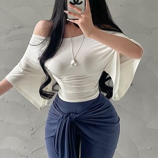 RainGirl-Cold-Shoulder Short-Sleeve Plain Shirred Top