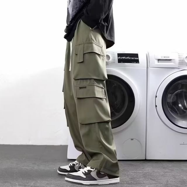 Urtishia-Drawstring Waist Plain Wide Leg Cargo Pants