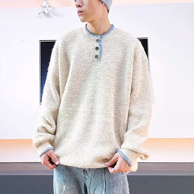 Urtishia-Henley Contrast Trim Sweater