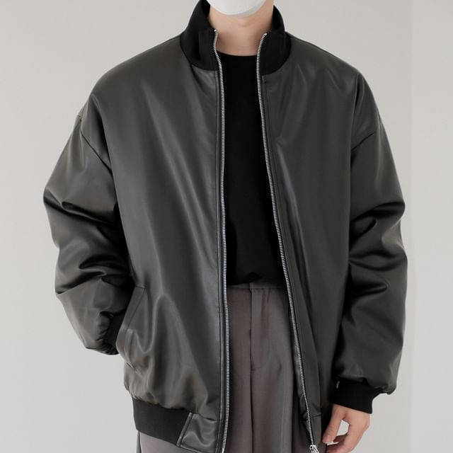 DAZO Studios-Stand Collar Faux Leather Oversized Bomber Jacket