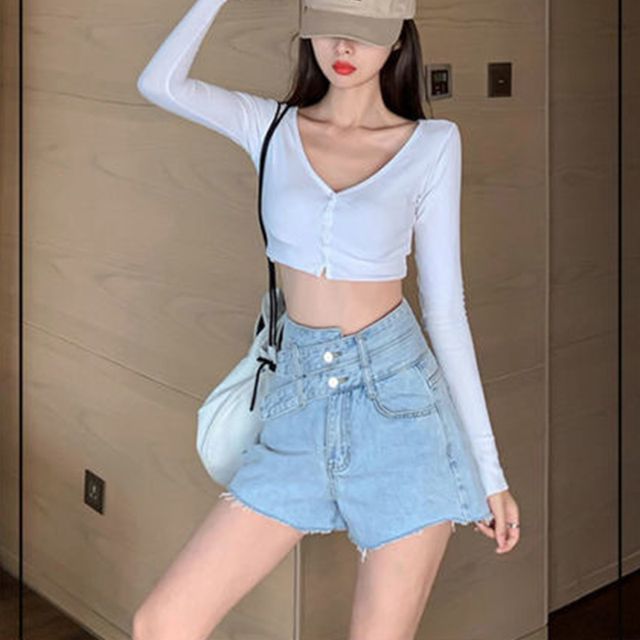 Everose-High Waist Washed Denim Shorts