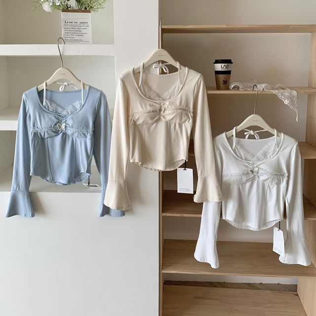 Dute-Mock Two-Piece Long-Sleeve Plain Crop Top