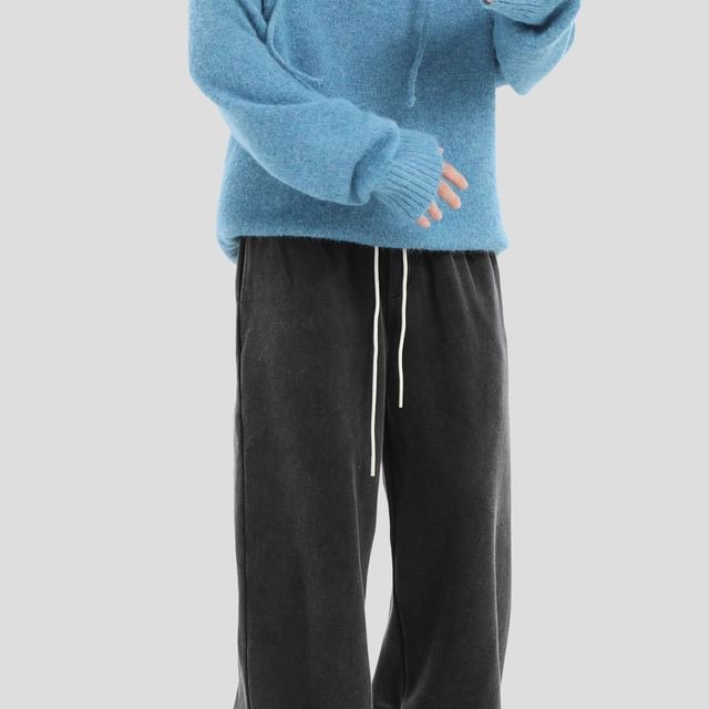 INStudio-Drawstring Waist Plain Wide Leg Sweatpants