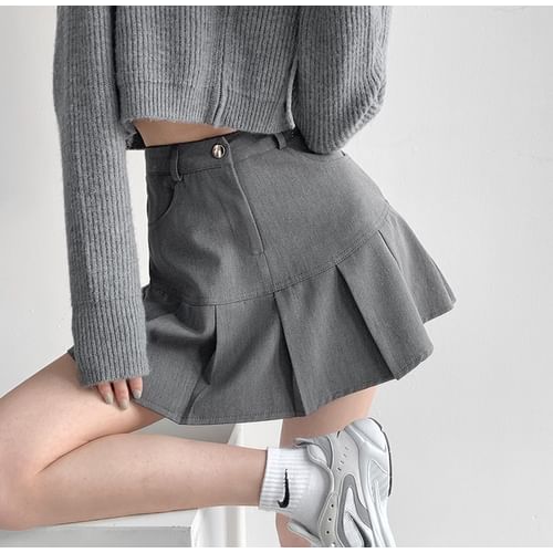 High-Waist Plain Pleated Mini Skirt