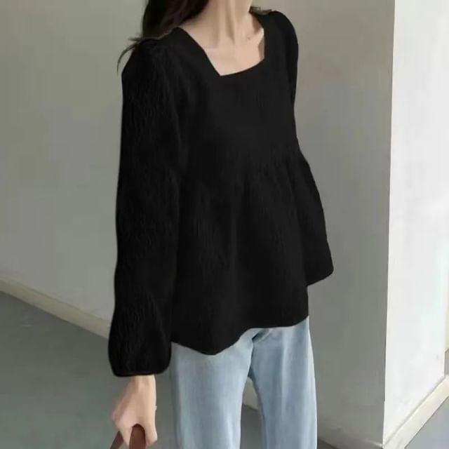 INEN-Square Neck Plain Textured Blouse