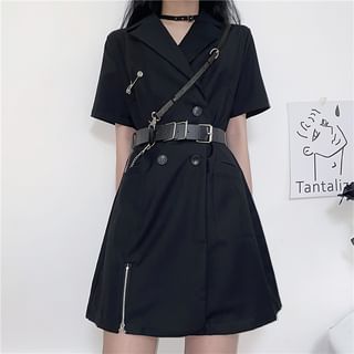 LINSI Short-Sleeve Double-Breasted Mini A-Line Blazer Dress / Harness Belt