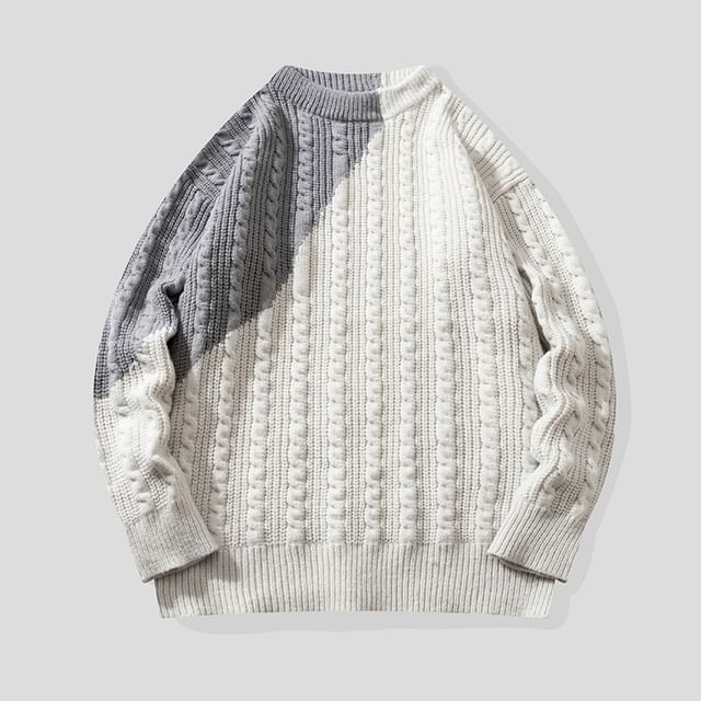 purplelouve-Crew Neck Two Tone Sweater
