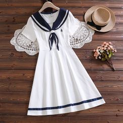 TOJI - Short-Sleeve Sailor Collar A-Line Dress