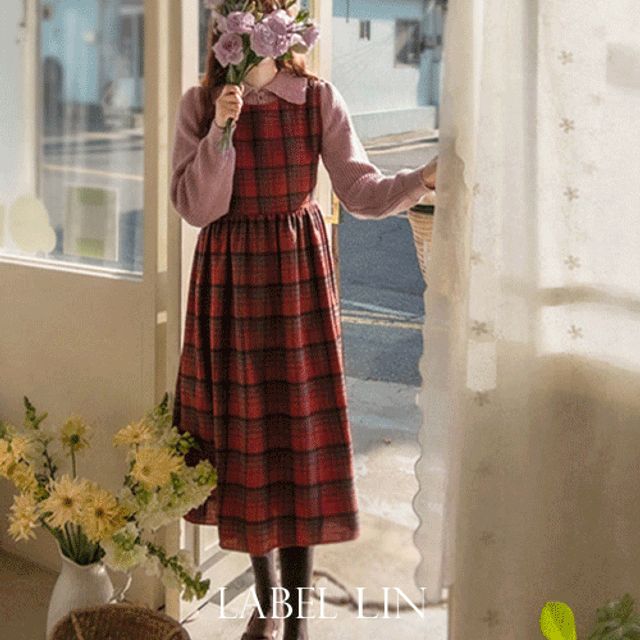 LEELIN - Tie-Back Plaid Long Jumper Dress | YesStyle