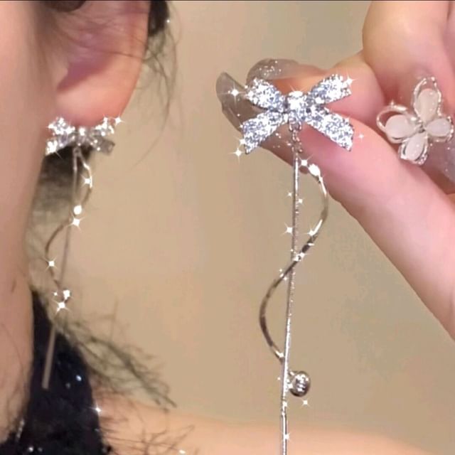 Bolgivy-Bow Rhinestone Swirl Alloy Threader Earring