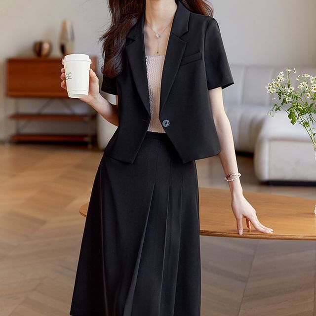 Skyheart-Short-Sleeve Plain Single-Button Blazer High Waist Midi A-Line Skirt Set