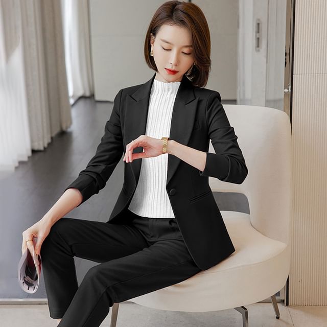Skyheart-Peak Lapel Plain Single-Button Blazer High Rise Mini Pencil Skirt Set