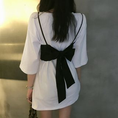 Pobblebonk - Plain Elbow-Sleeve T-Shirt / Ribbon Accent Camisole Top Pobblebonk - Plain Elbow-Sleeve T-Shirt / Ribbon Accent Camisole Top