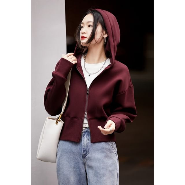 Jeonseon-Plain Zip-Up Crop Hoodie
