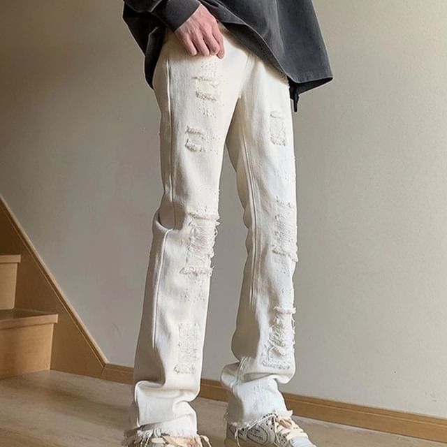 Derbundy-Mid Rise Distressed Flared Jeans