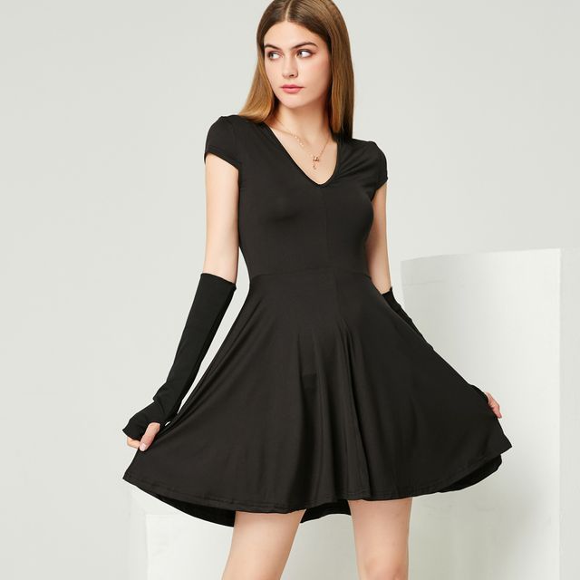 YS by YesStyle - Short-Sleeve V-Back Plain Pleated Dress (Without Arm-Sleeves)