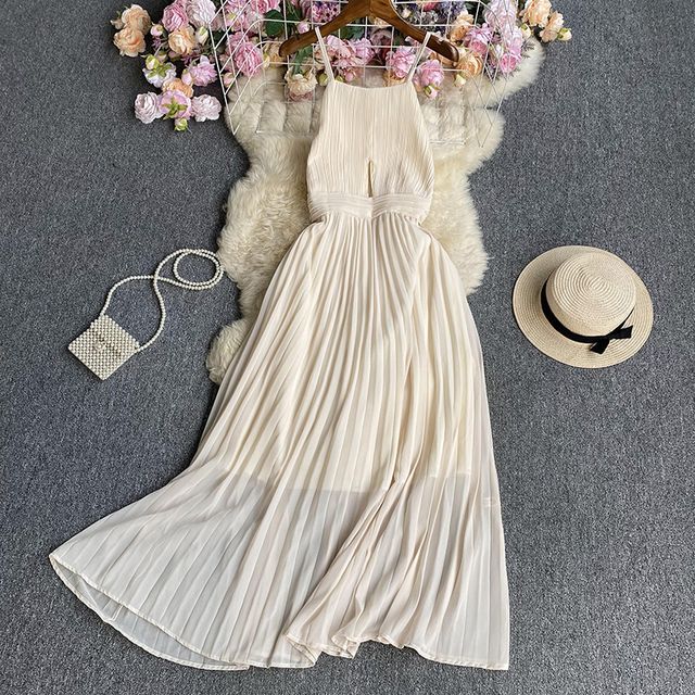 Dudu - Spaghetti Strap Plain Accordion Pleated Cutout Maxi A-Line Dress |  YesStyle