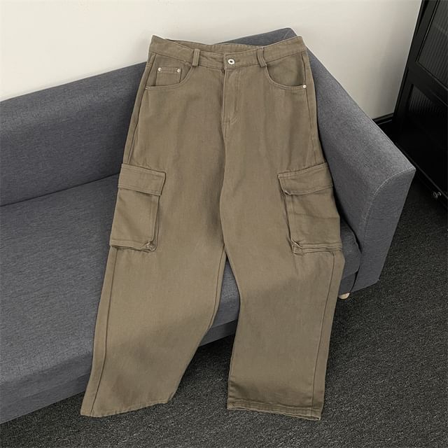 Plummie-Mid Rise Plain Straight Leg Cargo Pants