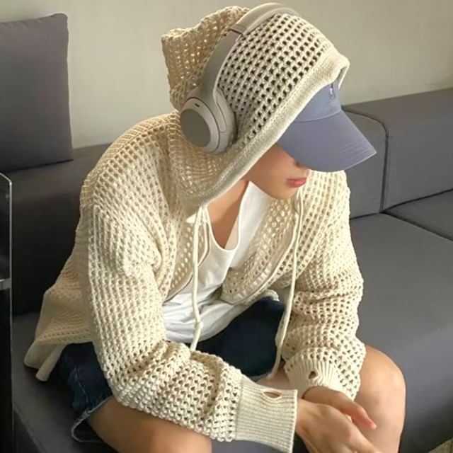 Dukakis-Hooded Perforated Cardigan