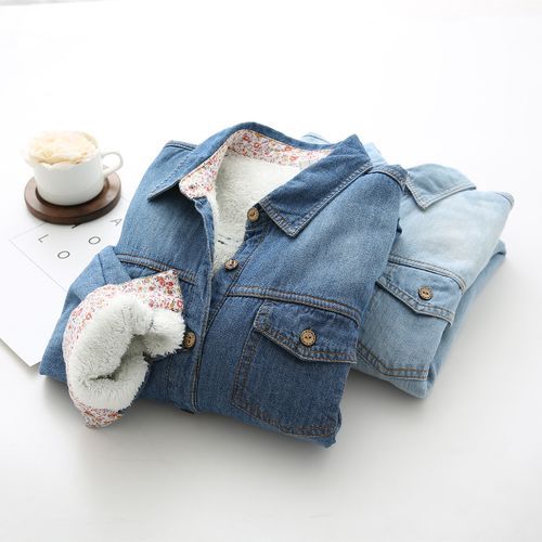 Lady Fleece Lined Denim Shirt Blouse Thermal Snap Jacket Tops Thick Casual  Basic | eBay