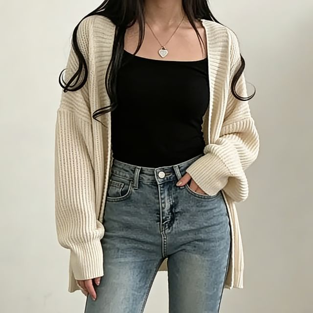 HYAKU-Plain Ribbed Open Front Cardigan