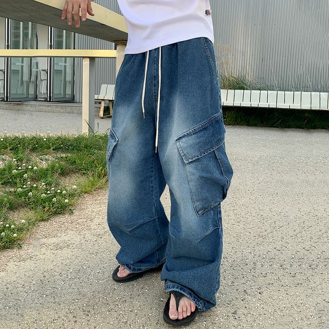 MRCYC-Drawstring Waist Washed Wide Leg Cargo Jeans