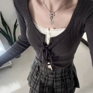 Maisee Henley Plain Ribbed Lace Trim Cami Top / Tie Front Cardigan