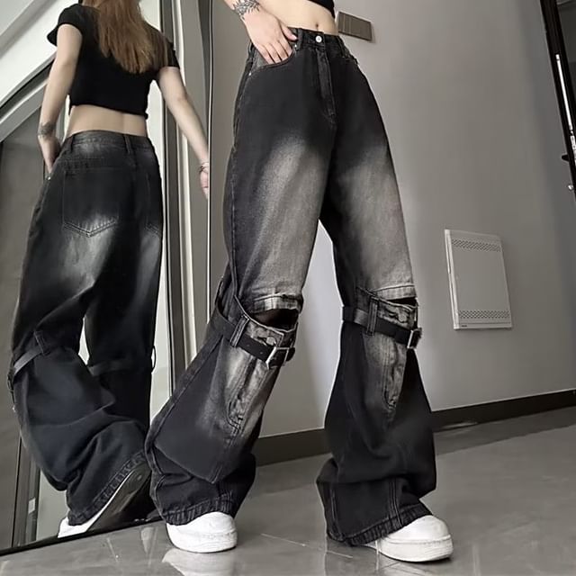 Essere-Mid Waist Washed Buckled Baggy Jeans