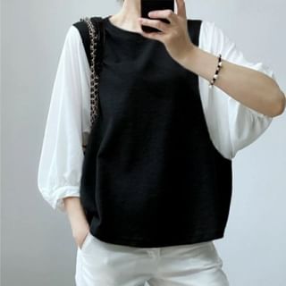 INEN-Puff-Sleeve Crewneck Two Tone Blouse