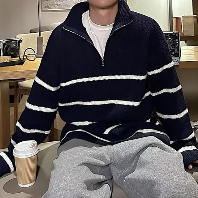 Real Boy-Stand Collar Half Zip Oversized Striped Sweater