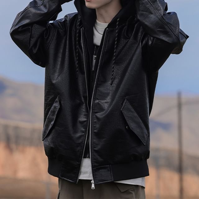 YERGO-Faux Leather Hooded Zip-Up Jacket