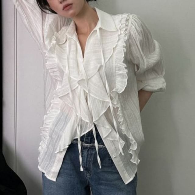 ISSOL-Long-Sleeve Collared Ruffle Trim Tie Front Plain Blouse