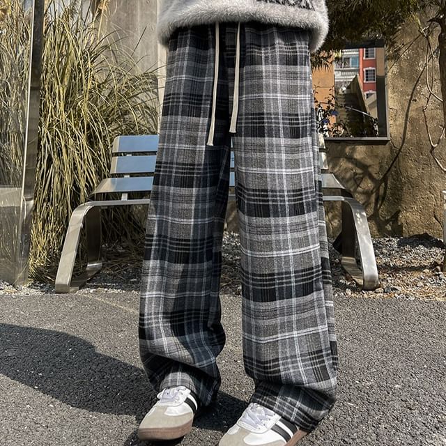 Omozando-High Waist Plaid Wide Leg Pants
